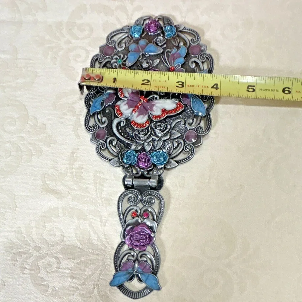 Vintage Style Enamel Butterfly Vanity Set Folding Hand Mirror & Hair Comb In Box